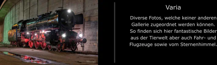 Varia Diverse Fotos, welche keiner anderen Gallerie zugeordnet werden können. So finden sich hier fantastische Bilder aus der Tierwelt aber auch Fahr- und Flugzeuge sowie vom Sternenhimmel.
